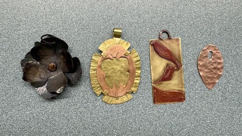 Examples of jewelry made during a previous session of the jewelry making and metalsmithing courses offered through continuing and community education at Penn State DuBois.